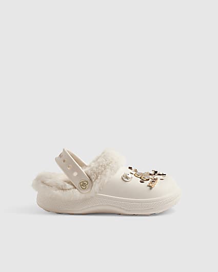 Girls Cream RI Heart Gem Fluffy Lined Clogs