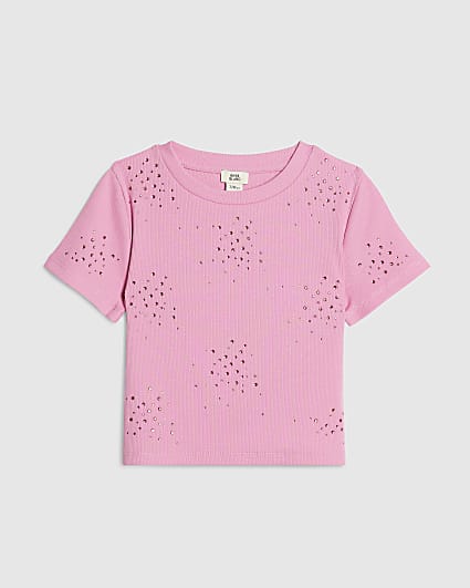 Girls Pink Scattered Embellished T-Shirt