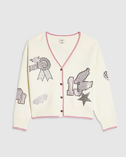 Girls Cream Varsity Cardigan