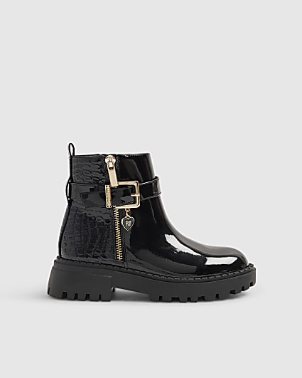 Girls Black Side Zip Croc Chelsea Boots