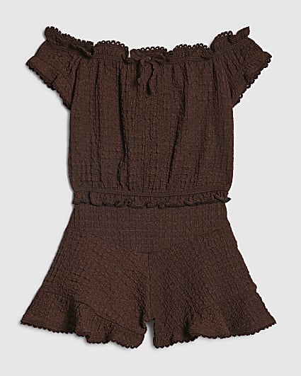 Girls Brown Crinkle Lace Trim Bardot Playsuit