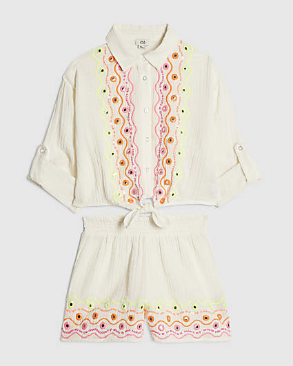 Girls Cream Mirror Embroidered Shirt Set