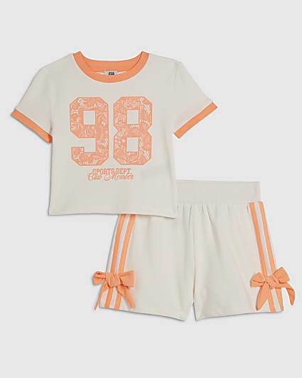 Girls Beige Lace Number T-Shirt & Short Set