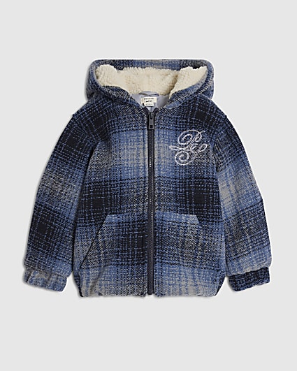 Mini Boys Blue Check Borg Lined Hoodie