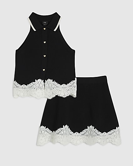 Girls Black Lace Hem Polo Top Set