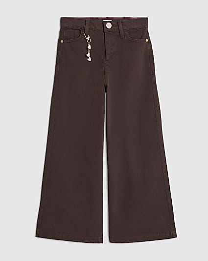 Girls Brown Heart Charm Wide Leg Jeans