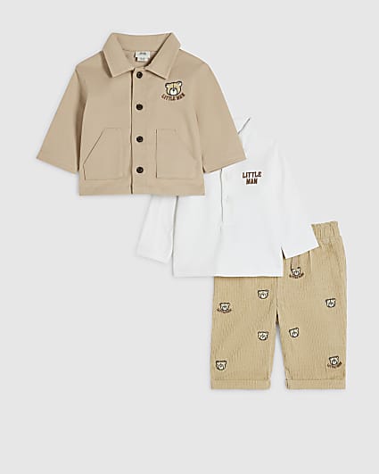 Baby Boys Cream Bear Shacket 3 Piece Set
