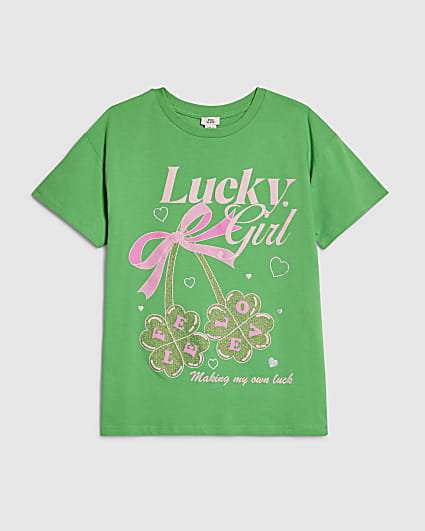 Girls Green Lucky Girl T-Shirt