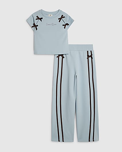 Girls Blue Bow T-Shirt Tracksuit Set