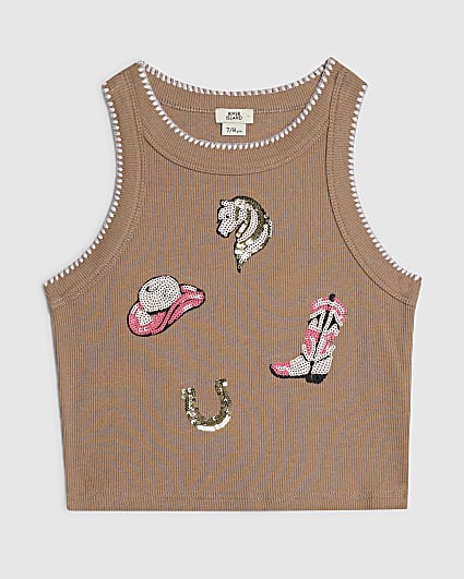 Girls Brown Embellished Cowboy Tank Top