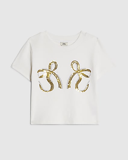 Girls White Sequin Bow T-Shirt