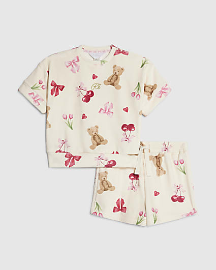 Girls Cream Velour Bear Print Pyjamas Set