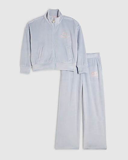 Girls Blue Velour Flared Trousers Set