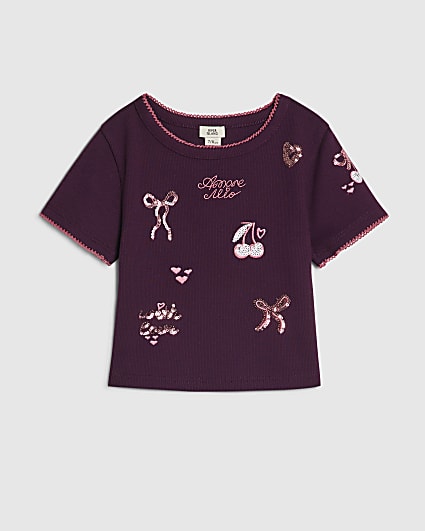 Girls Purple Sequin Embroidered T-Shirt