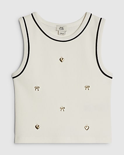 Girls White Ribbed Charm Tank Top
