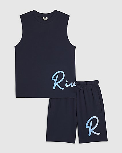 Boys Navy RI Branded Vest & Short Set