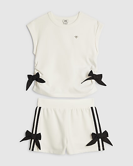 Girls White Bow Tank Top And Shorts Set