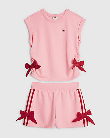 Girls Pink Bow Tank Top And Shorts Set
