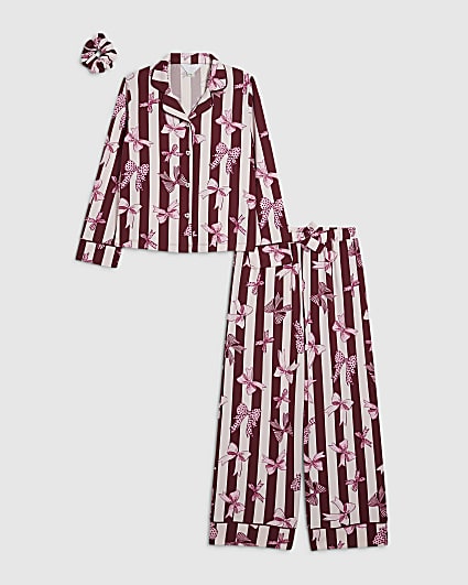 Girls Burgundy Bow Button Up Pyjamas Set
