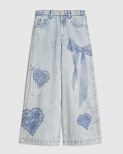 Girls Bow Etched Wide Leg Jeans