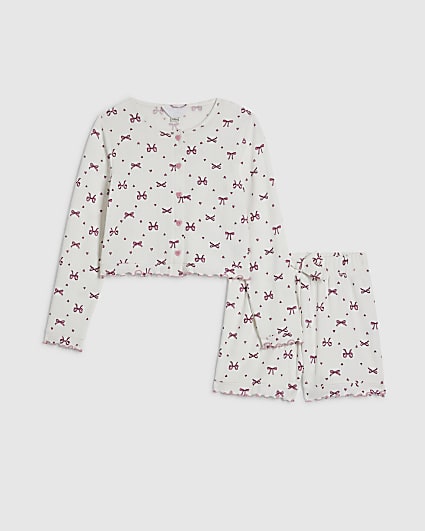 Girls White Bow Pointelle Cardigan Pyjamas