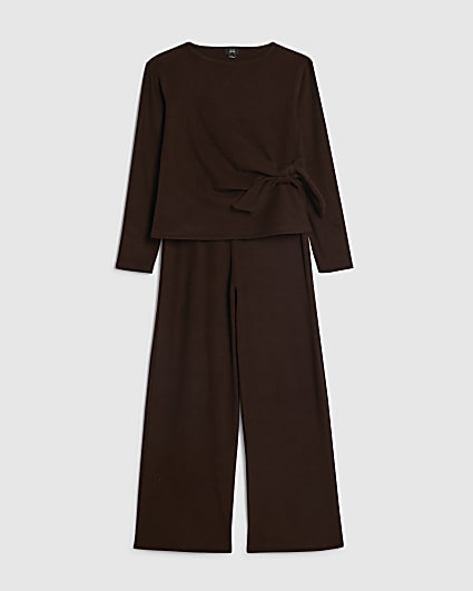 Girls Brown Long Sleeve Cosy Rib Top Set