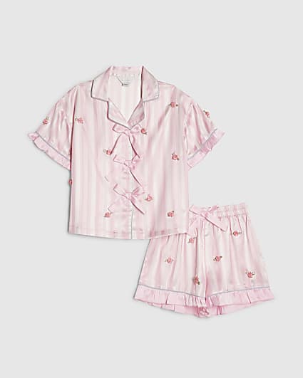 Girls Pink Satin Stripe 3D Rosebud Pyjamas