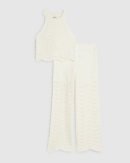 Girls Cream Crochet Trouser Set
