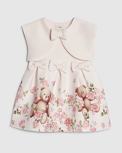 Baby Girls Pink Bear Bow Floral Dress