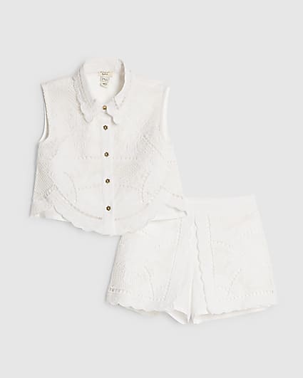 Mini Girls White Cutwork Shirt & Shorts Set