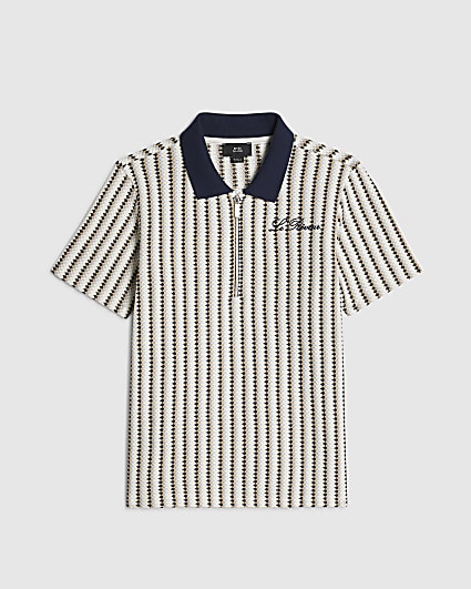 Boys Navy Crochet Stripe Zip Polo Shirt