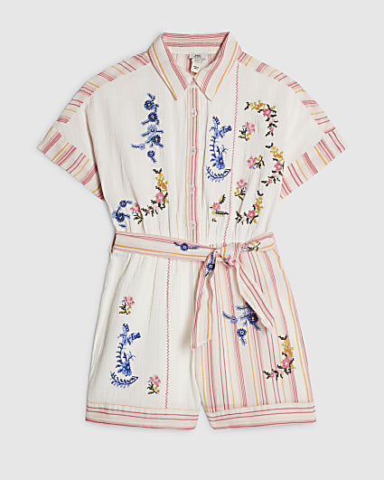 Girls White Embroidered Floral Playsuit