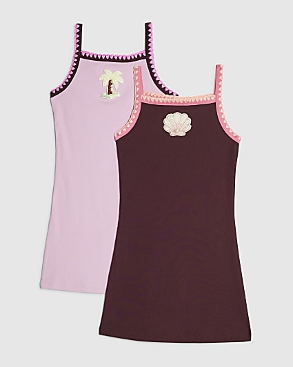 Girls Pink Beaded Icon Cami Dress Set Of 2