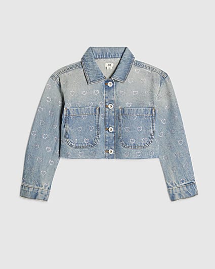 Girls Blue Heart Embellished Denim Jacket