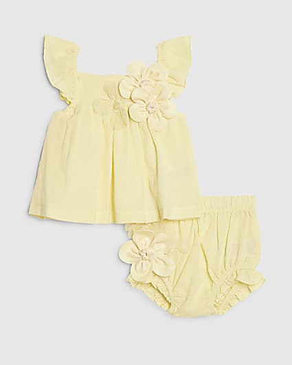 Baby Girls Yellow Smock 3D Flower Top Set