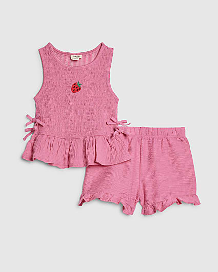 Mini Girls Pink Strawberry Top And Shorts Set