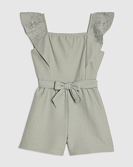 Mini Girls Khaki Belted Shirred Playsuit