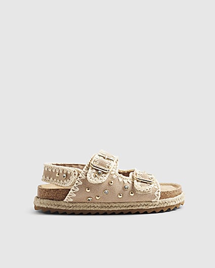 Girls Beige Stud Footbed Sandals