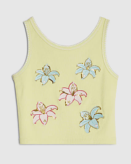 Girls Green Embellished Flower Tank Top