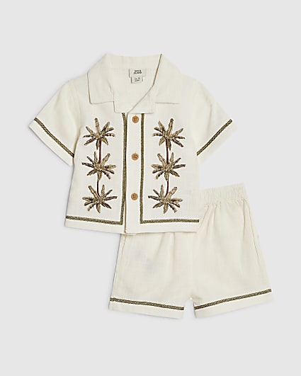 Baby Boys Cream Embroidered Palm Shirt Set