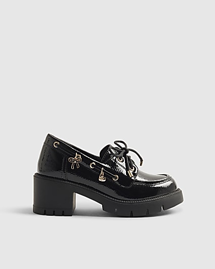Girls Black Patent Lace Up Heeled Boat Shoes