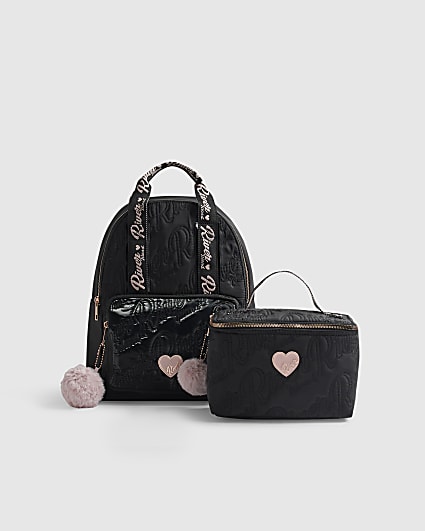 Girls Black Quilted Backpack And Lunchbox Set