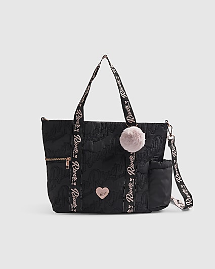 Girls Black Nylon Quilted Shopper Bag