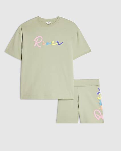 Girls Khaki Neon Text T-Shirt and Shorts Set