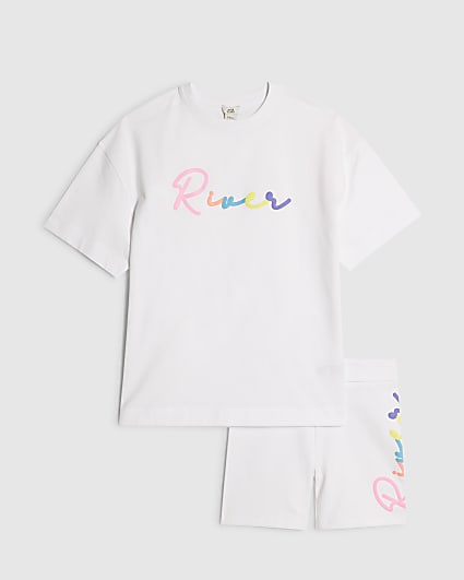 Girls White Script T-Shirt And Shorts Set