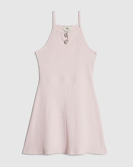 Girls Pink Halter Neck Ribbed Dress