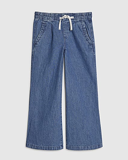 Girls Blue Tie Waist Wide Leg Jeans