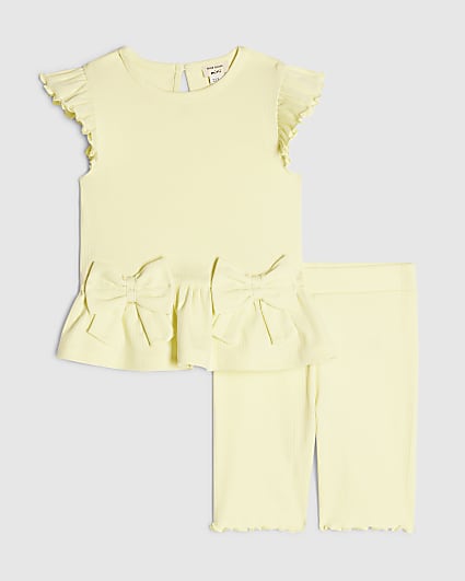 Mini Girls Yellow Peplum Bow Rib Shorts Set