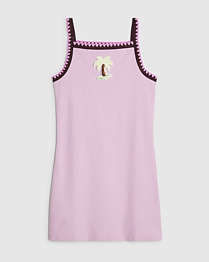 Girls Purple Whipstitch Palm Tree Cami Dress