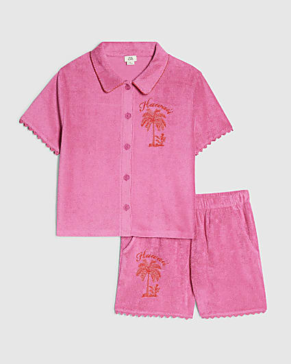 Girls Pink Palm Tree Towelling Set